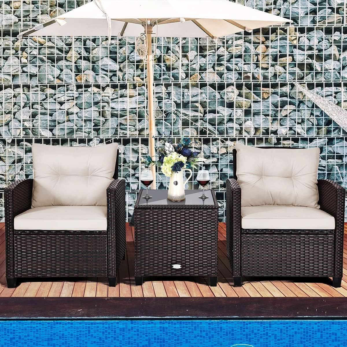 3 Piece Patio Furniture Set White PE Rattan Wicker Outdoor Sofa Set With Washable Cushions And Tempered Glass Tabletop