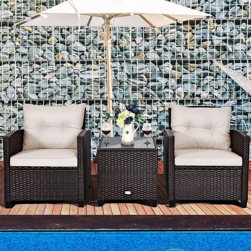 3 Piece Patio Furniture Set White PE Rattan Wicker Outdoor Sofa Set With Washable Cushions And Tempered Glass Tabletop