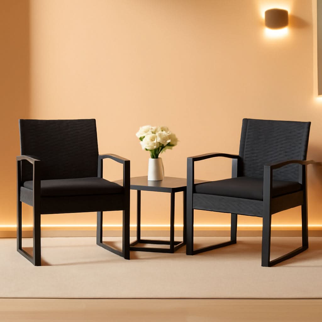 3 Piece Outdoor Rattan Patio Furniture Set With Durable Steel Frame And Strapped Cushions
