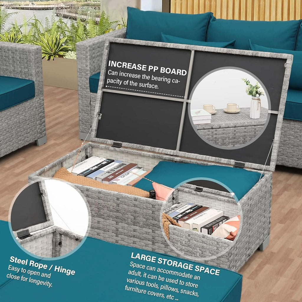 Patio Furniture Set 6 Piece Outdoor Grey Wicker With Peacock Blue Cushions