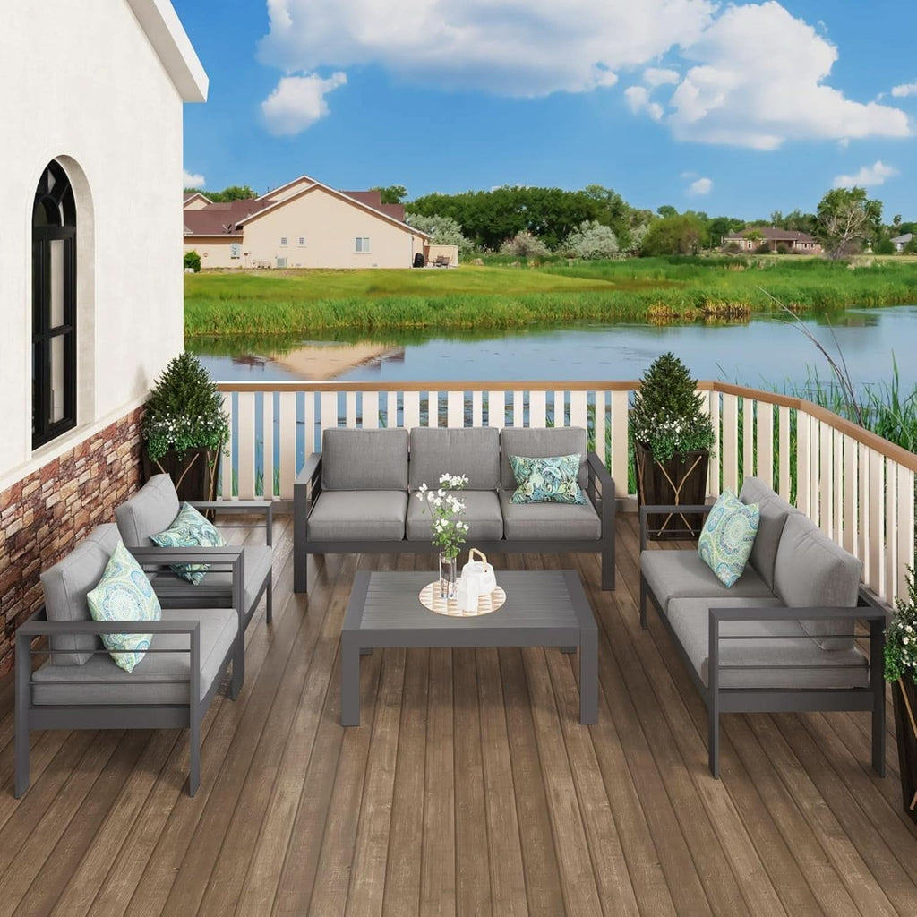 Aluminum Patio Furniture Set Seven Seat Outdoor Conversation Grey Cushions