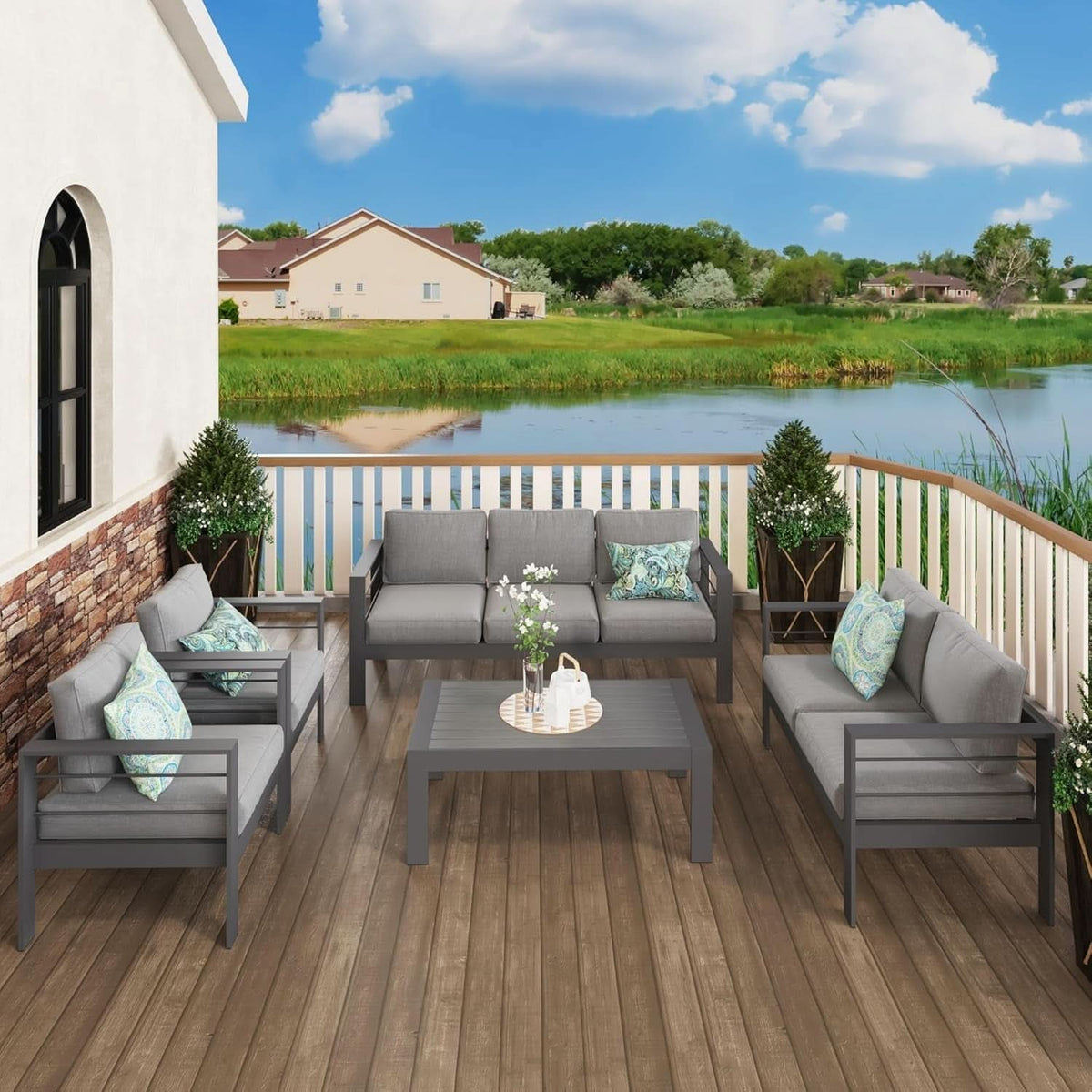 Aluminum Patio Furniture Set Seven Seat Outdoor Conversation Grey Cushions