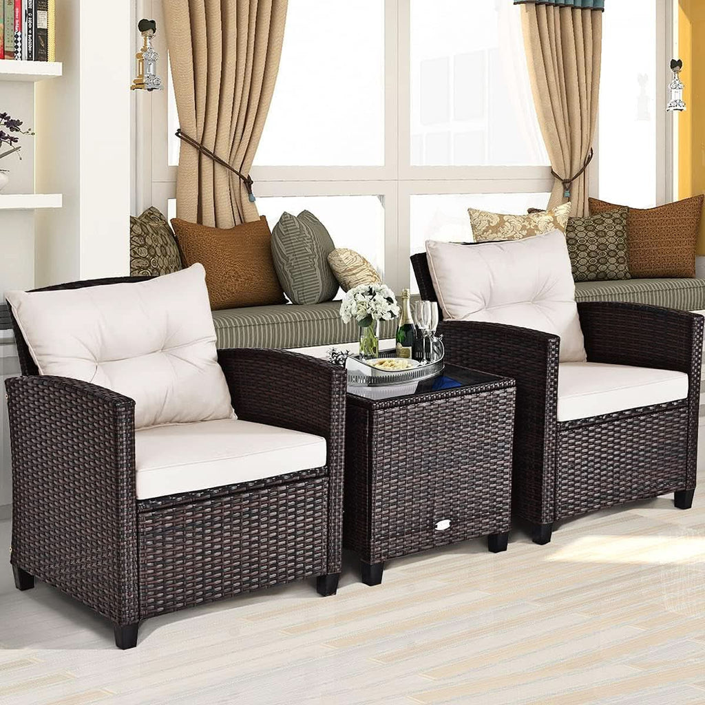 3 Piece Patio Furniture Set White PE Rattan Wicker Outdoor Sofa Set With Washable Cushions And Tempered Glass Tabletop