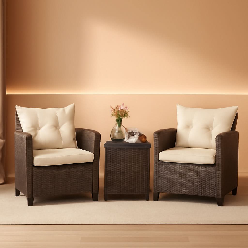 3 Piece Patio Furniture Set White PE Rattan Wicker Outdoor Sofa Set With Washable Cushions And Tempered Glass Tabletop