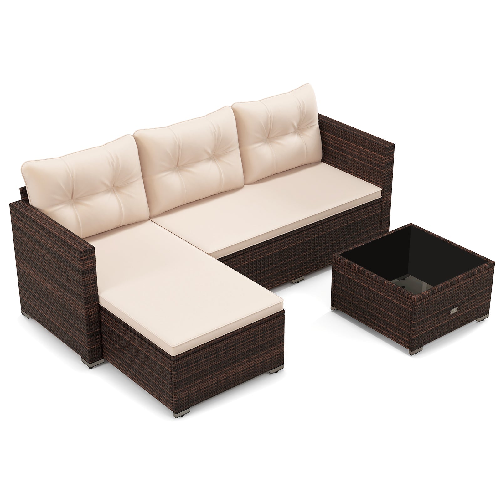 4 Seats Outdoor Wicker Furniture Set with Tempered Glass Coffee Table and Soft Cushions-Beige