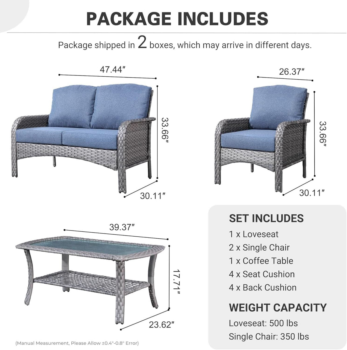 Denim Blue 4 Piece Outdoor Patio Furniture Set Cushions