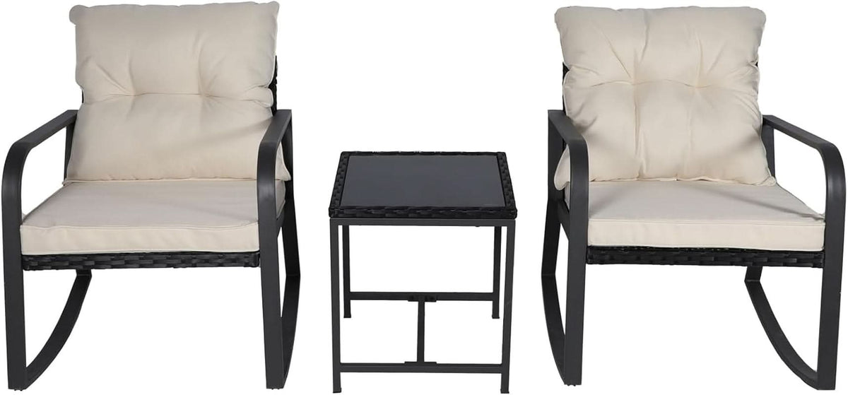 Three Piece Patio Bistro Set With Rocking Chairs And Cushions Beige Outdoor Garden Furniture