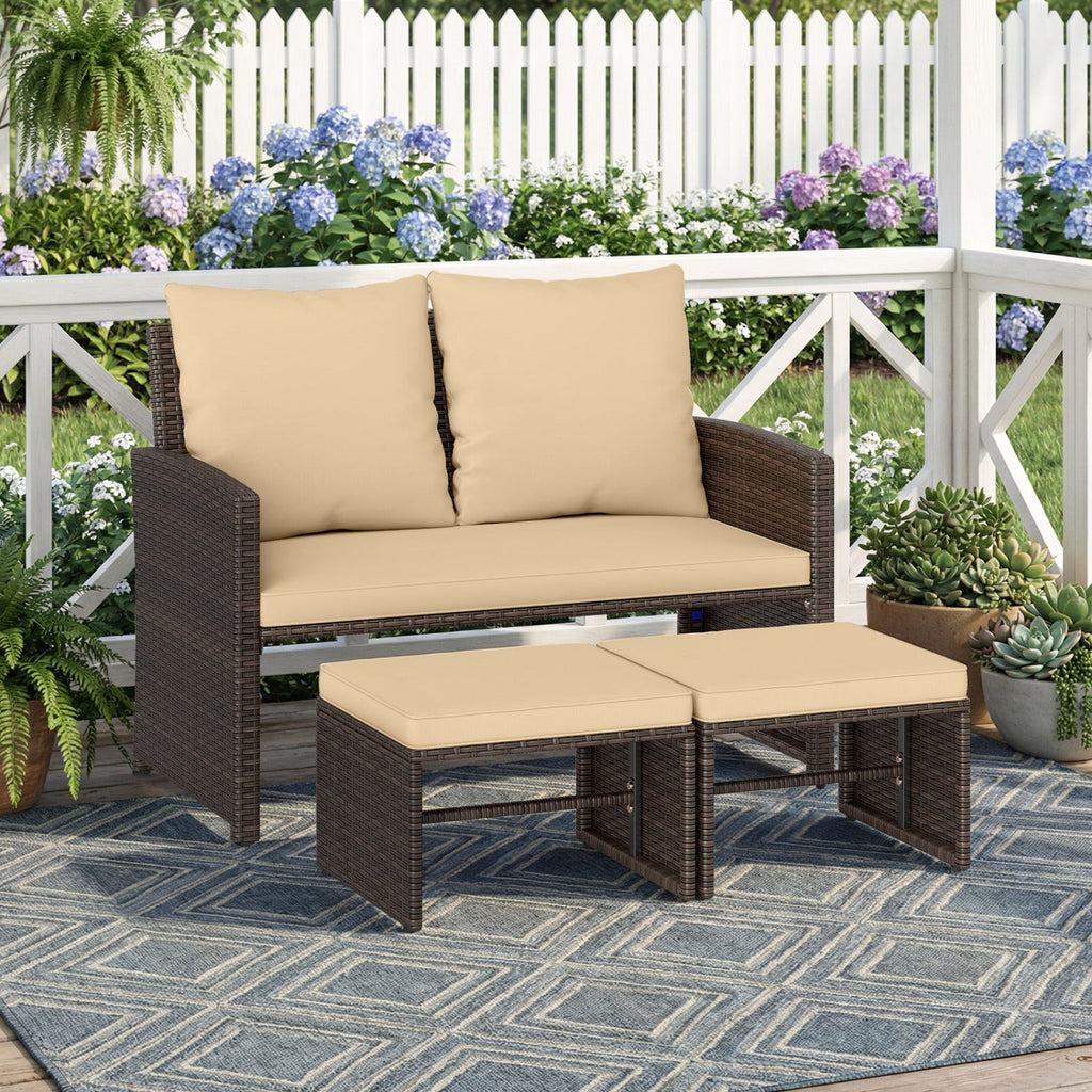 3 Pieces Outdoor Patio PE Wicker Furniture Set with Cushions-Beige
