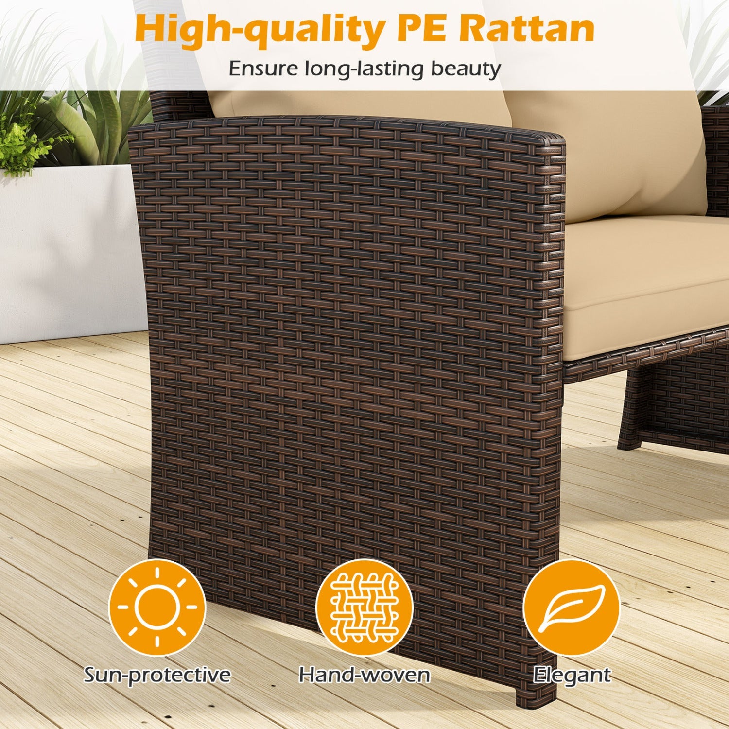 3 Pieces Outdoor Patio PE Wicker Furniture Set with Cushions-Beige