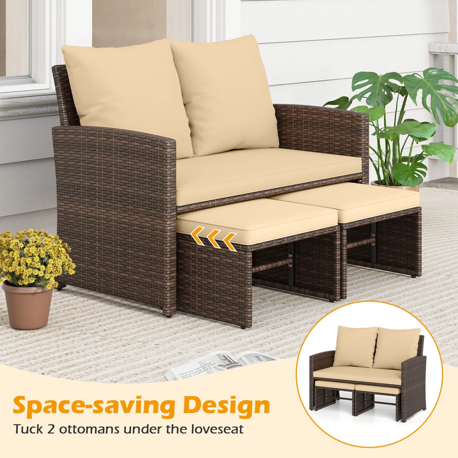 3 Pieces Outdoor Patio PE Wicker Furniture Set with Cushions-Beige