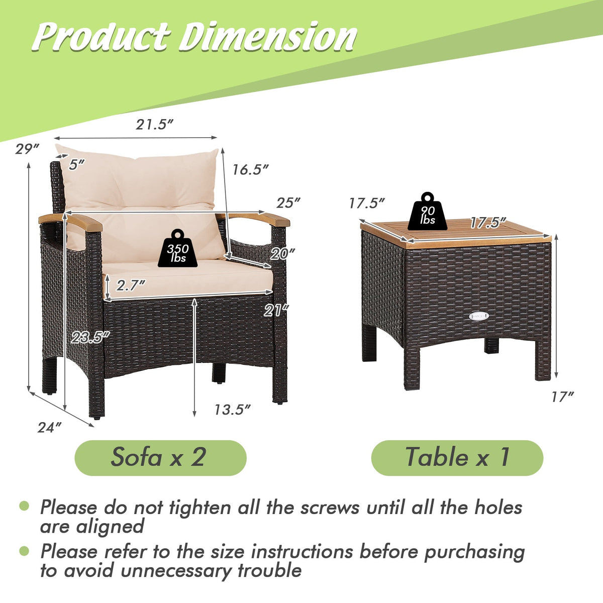 3 Pieces Patio Rattan Furniture Set with Removable Cushion