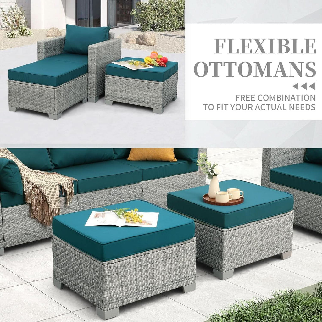 Patio Furniture Set 6 Piece Outdoor Grey Wicker With Peacock Blue Cushions