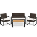 4 Piece Patio Furniture Set Outdoor Rattan Conversation Set with Cushioned Chairs and Wood Plastic Coffee Table-Off White