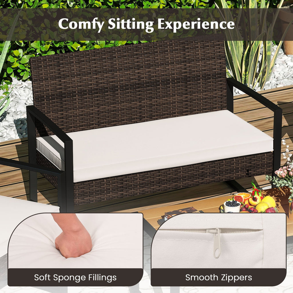 4 Piece Patio Furniture Set Outdoor Rattan Conversation Set with Cushioned Chairs and Wood Plastic Coffee Table-Off White