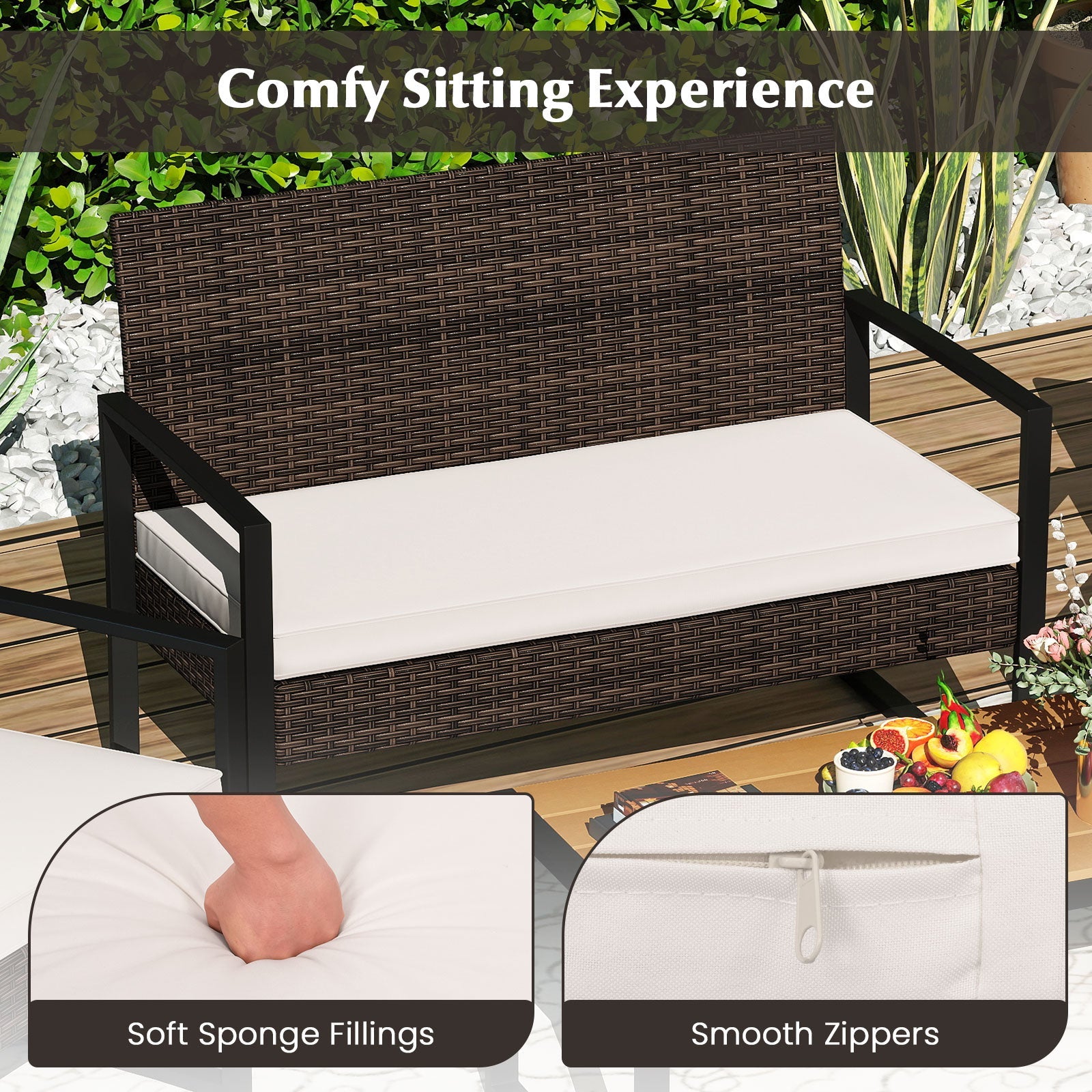 4 Piece Patio Furniture Set Outdoor Rattan Conversation Set with Cushioned Chairs and Wood Plastic Coffee Table-Off White