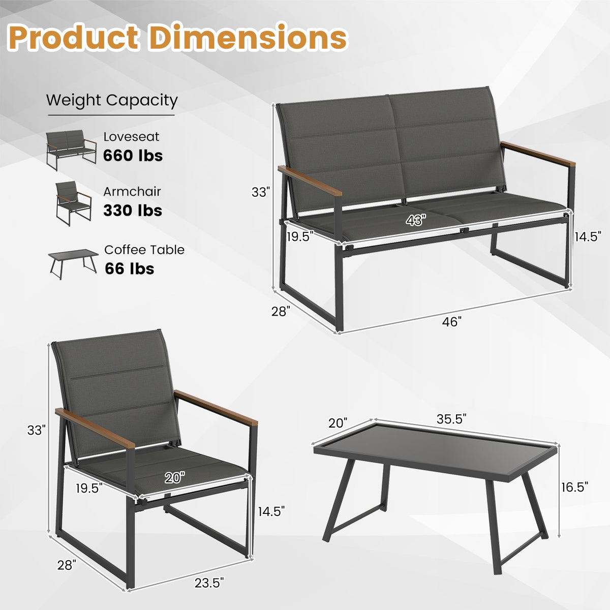 4-Piece Outdoor Conversation Patio Furniture Set-Gray