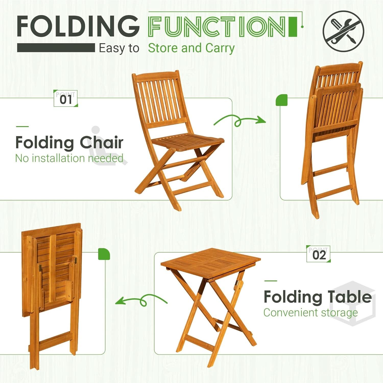 3 Piece Patio Folding Bistro Set With 2 Cushions Acacia Wood Outdoor Furniture For Pool And Garden