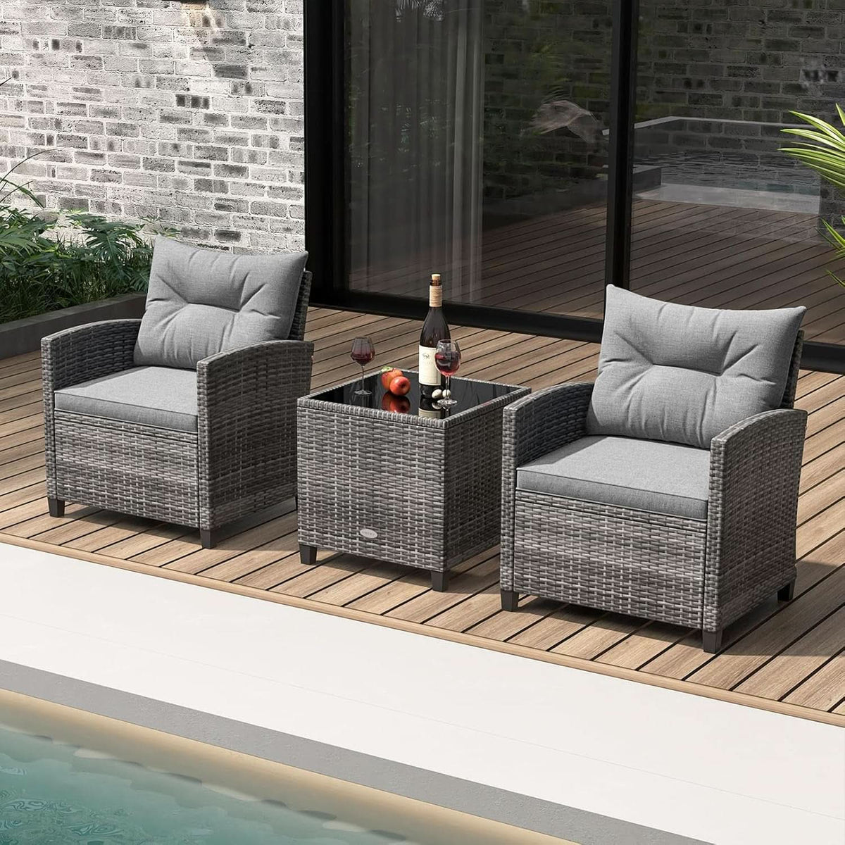 3 Piece Patio Furniture Set Outdoor PE Rattan Conversation Set With Washable Cushions And Tempered Glass Table Grey