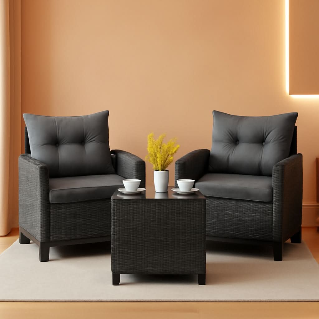 3 Piece Patio Furniture Set Outdoor PE Rattan Conversation Set With Washable Cushions And Tempered Glass Table Grey