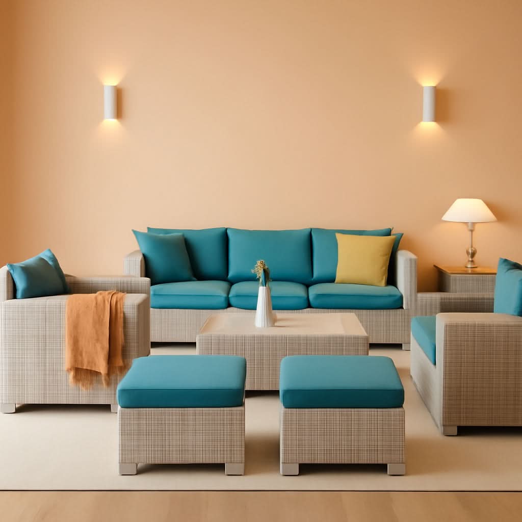 Patio Furniture Set 6 Piece Outdoor Grey Wicker With Peacock Blue Cushions