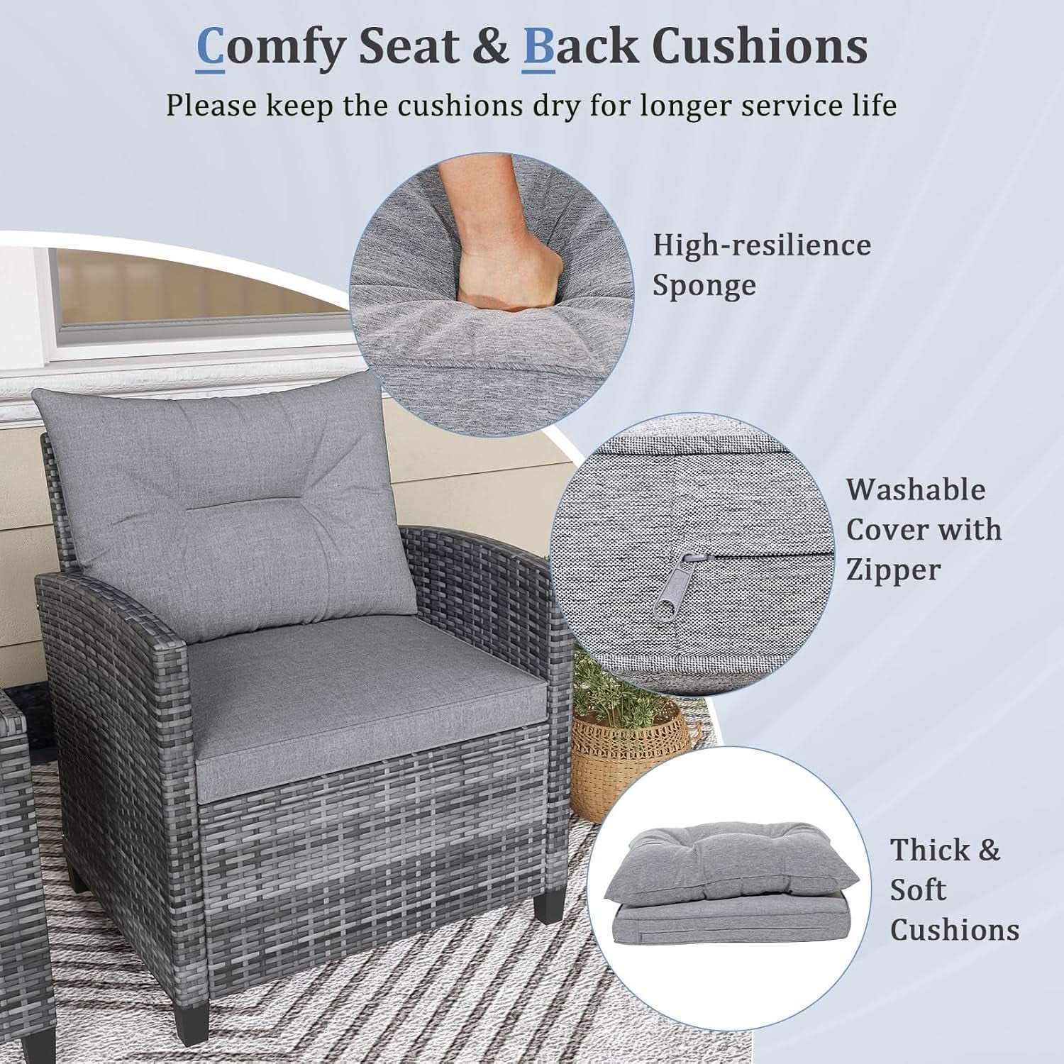 3 Piece Patio Furniture Set Outdoor PE Rattan Conversation Set With Washable Cushions And Tempered Glass Table Grey