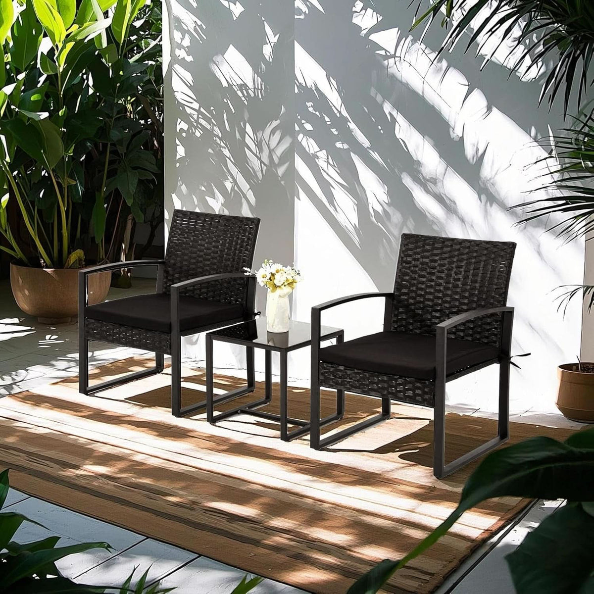 3 Piece Outdoor Rattan Patio Furniture Set With Durable Steel Frame And Strapped Cushions
