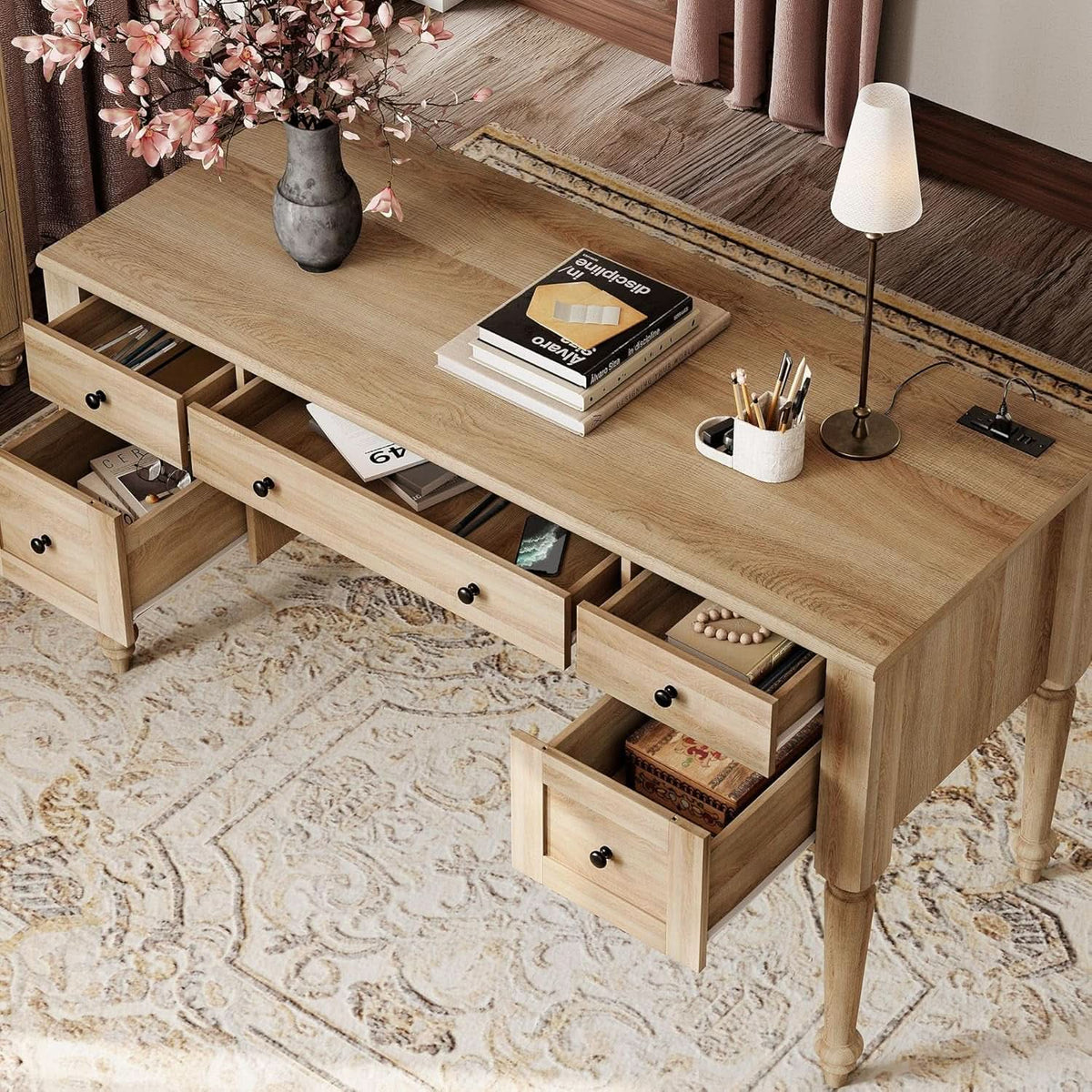 Distressed Oak Farmhouse Executive Desk Glass Cabinet