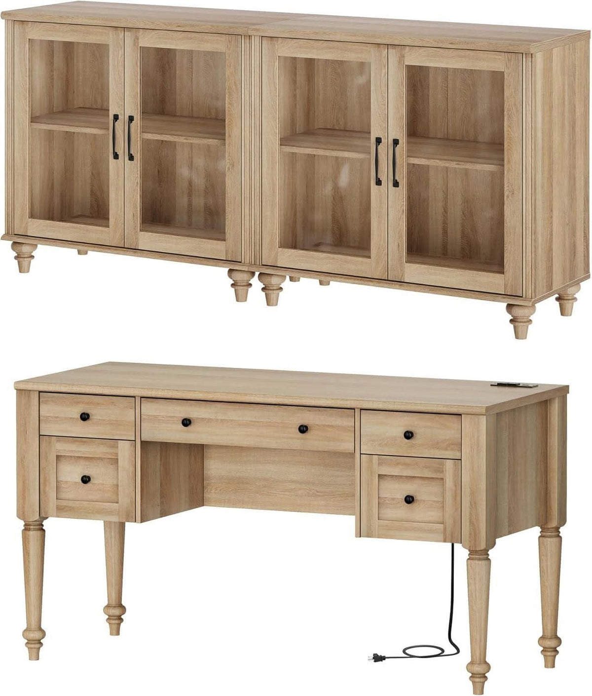 Distressed Oak Farmhouse Executive Desk Glass Cabinet