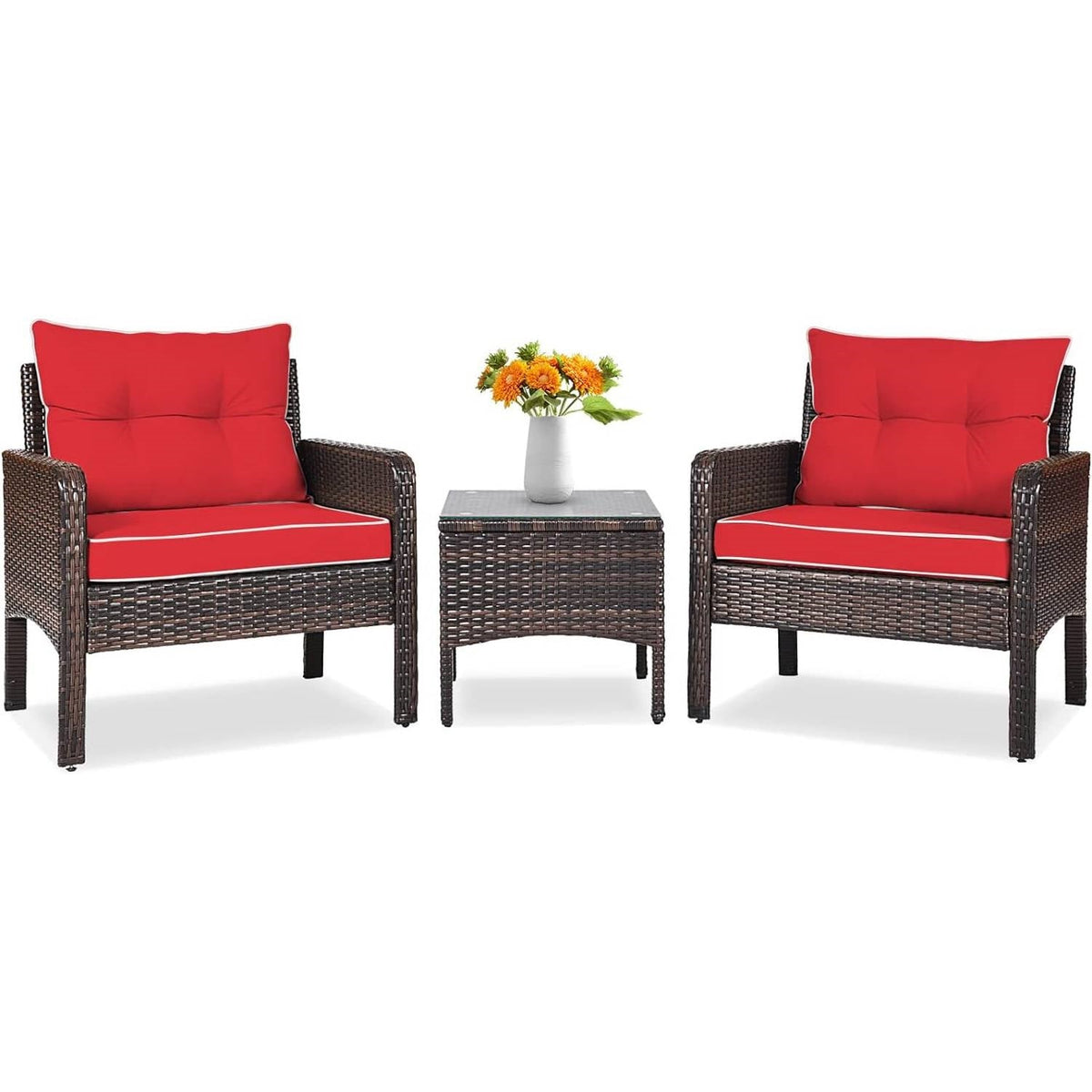 3-Piece Brown PE Rattan Outdoor Dining Patio Furniture Set with Red Cushions