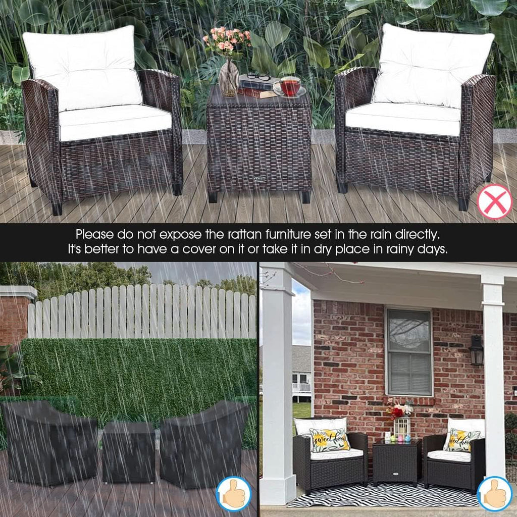 3 Piece Patio Furniture Set White PE Rattan Wicker Outdoor Sofa Set With Washable Cushions And Tempered Glass Tabletop