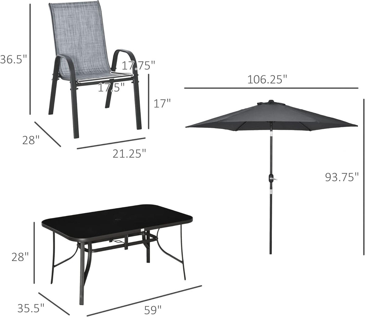 Eight Piece Patio Furniture Set with Umbrella and Chairs