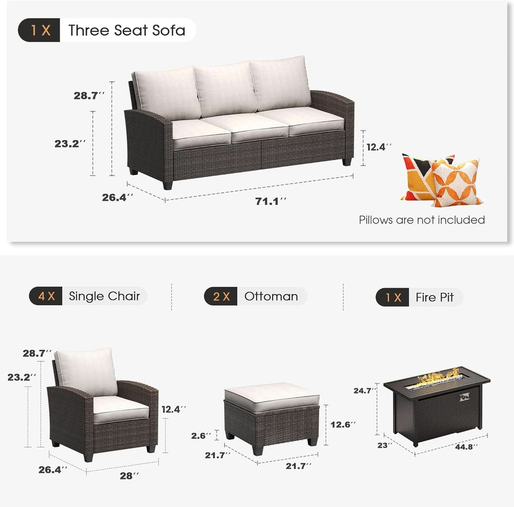 8 Piece Patio Furniture Set with Firepit and Cushions