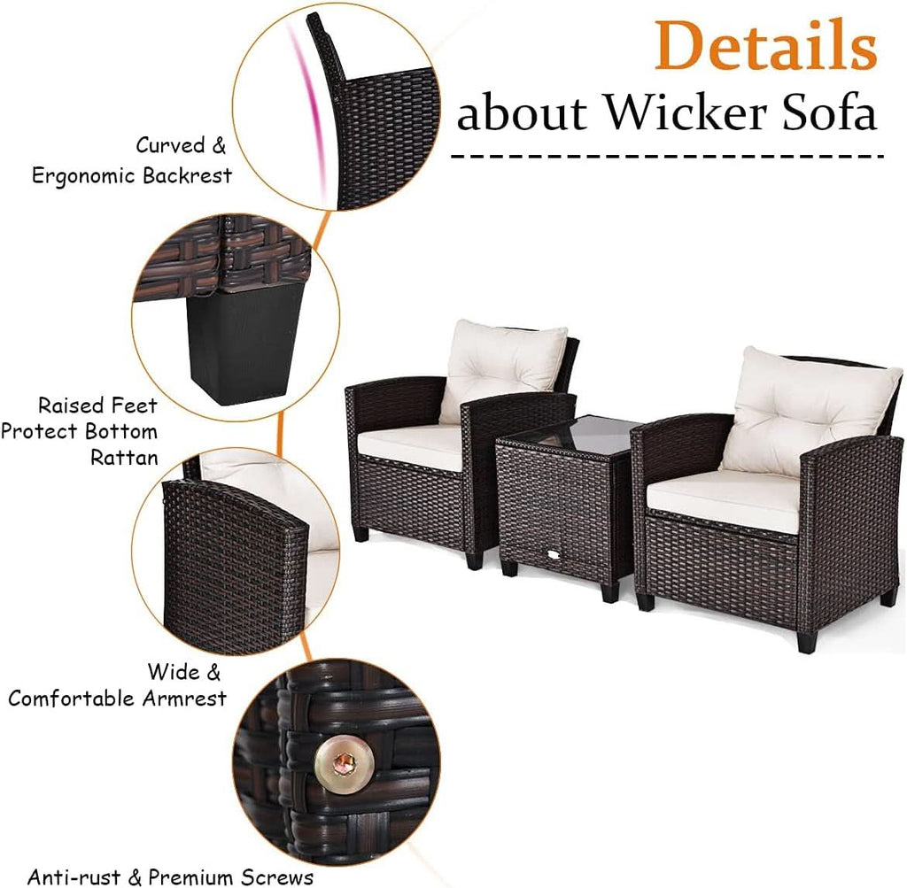 3 Piece Patio Furniture Set White PE Rattan Wicker Outdoor Sofa Set With Washable Cushions And Tempered Glass Tabletop