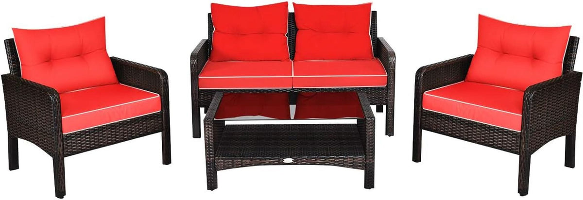 4 Piece Outdoor Wicker Patio Furniture Set with Cushions